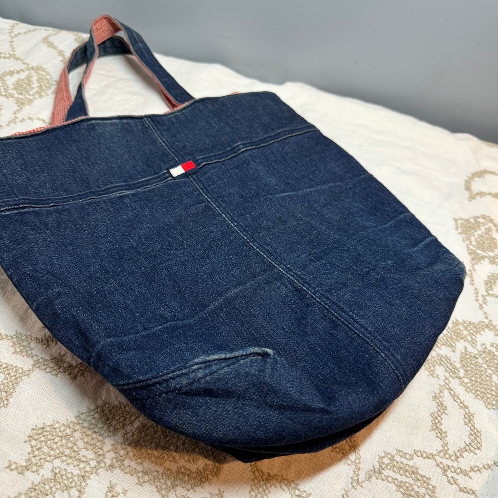 Tommy Hilfiger blue denim tote bag with red gingham lining  vintage vibe